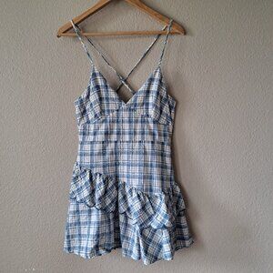 🩵Mable Modern Coquette Ena Plaid Blue Ruffle Mini Dress Size Medium